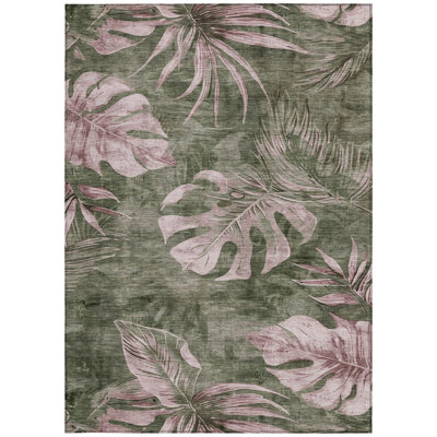 Tapis intérieur/extérieur lavable, vert olive et rose poudré à motifs floraux, 152 x 244 cm
