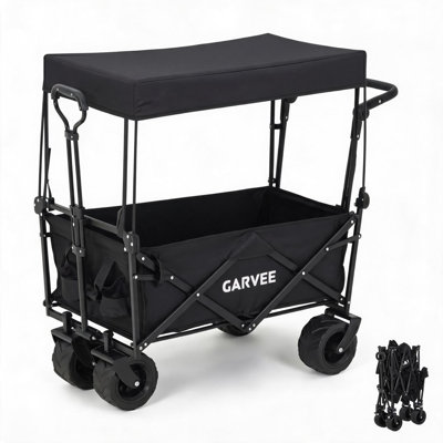 Heavy Duty Collapsible Garden Wagon Cart with Canopy - 220lb Capacity - Collapsible Outdoor Utility Rolling Cart - Cup Holders & Detachable Pockets - All-Terrain Wheels - Ideal for Beach, Picnic