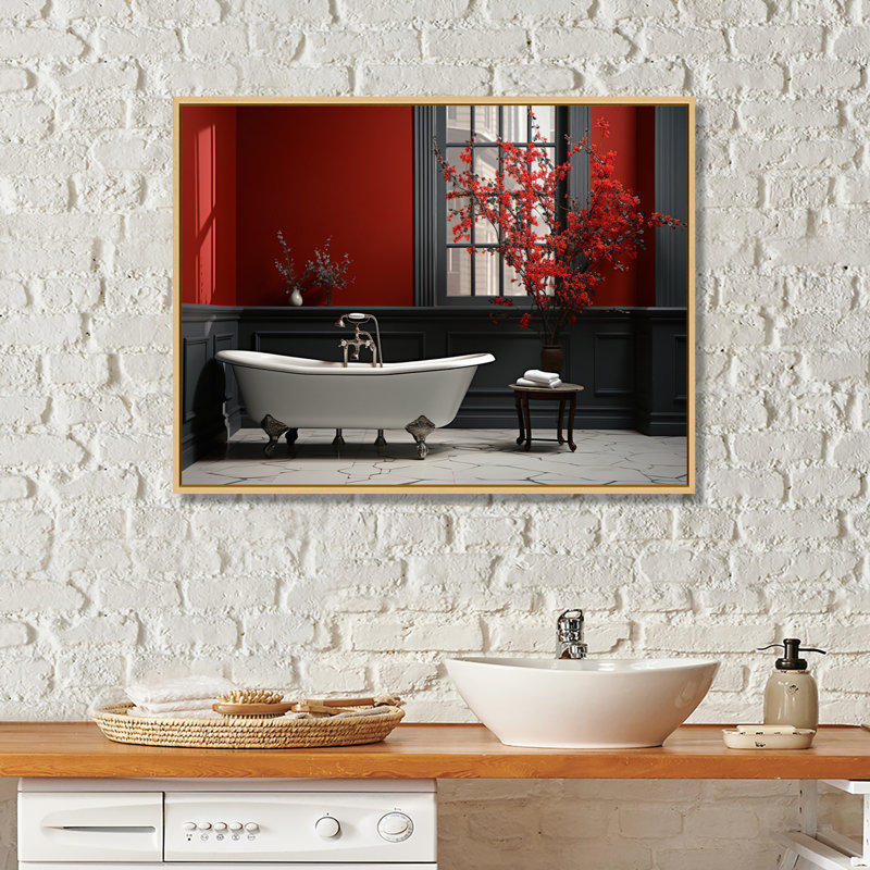 Rouge moderne, charme de salle de bain V - Art mural, H 12 po x l 20 po x P 1 po, Cadre flottant érable
