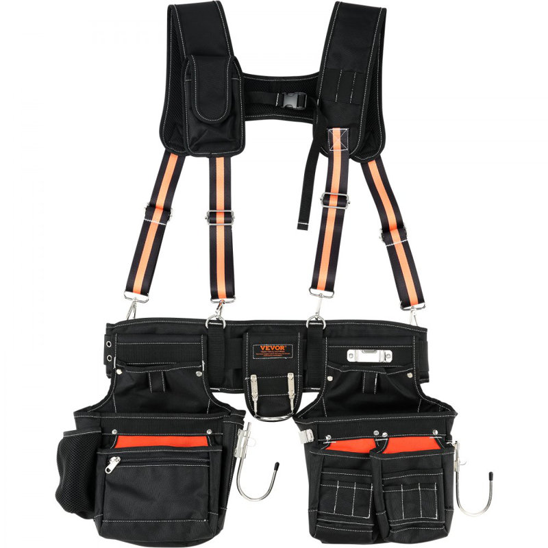 Tool Belt with Suspenders 1680D Polyester, 29 Pockets, 29-54 inches Adjustable Waist Size, Tool Belts, Heavy Duty Carpenter Tool Pouch for Carpenters, Electricians, and Gardening, Black