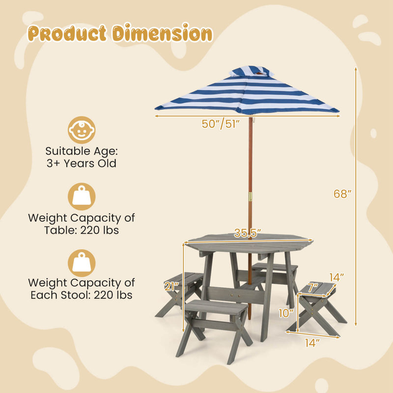 Kids Wooden Table Set With Octagon Table 4 Stools & Removable Adjustable Umbrella Grey