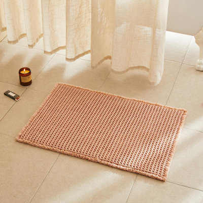 BULULOM Waffle Bath Mat, Boho Bathroom Rugs Non Slip Washable Super Absorbent Quick Dry Bath Mat Farmhouse Bathroom Decor, 24"x36" Light Peachy