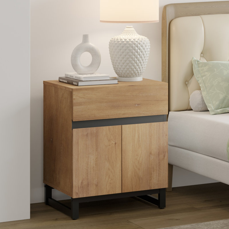 Table de chevet avec 1 tiroir et 1 armoire de rangement Aadam, Chêne, Individuel