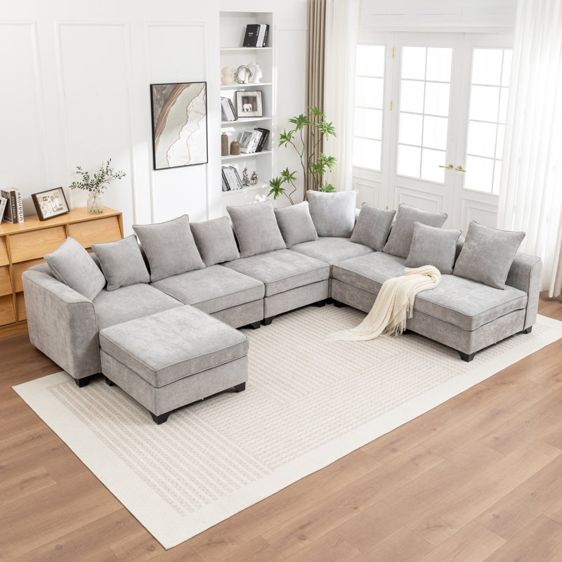 Canapé modulaire en U rembourré 7 pièces Kempson, Polyester gris