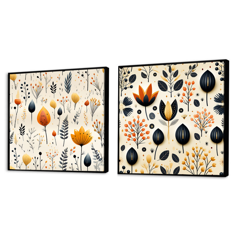 Nordique ivoire et charme floral beige - ensemble de collage abstrait botanique carré de 2, Cadre flottant noir
