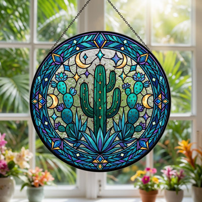 Cactus Moon Stained Glass Window Panel，12"H