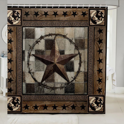 Rustic Cowboy Star Shower Curtain - Farmhouse Patchwork Design, Waterproof, Perfect for Kids and Adults, Includes 12 Hooks