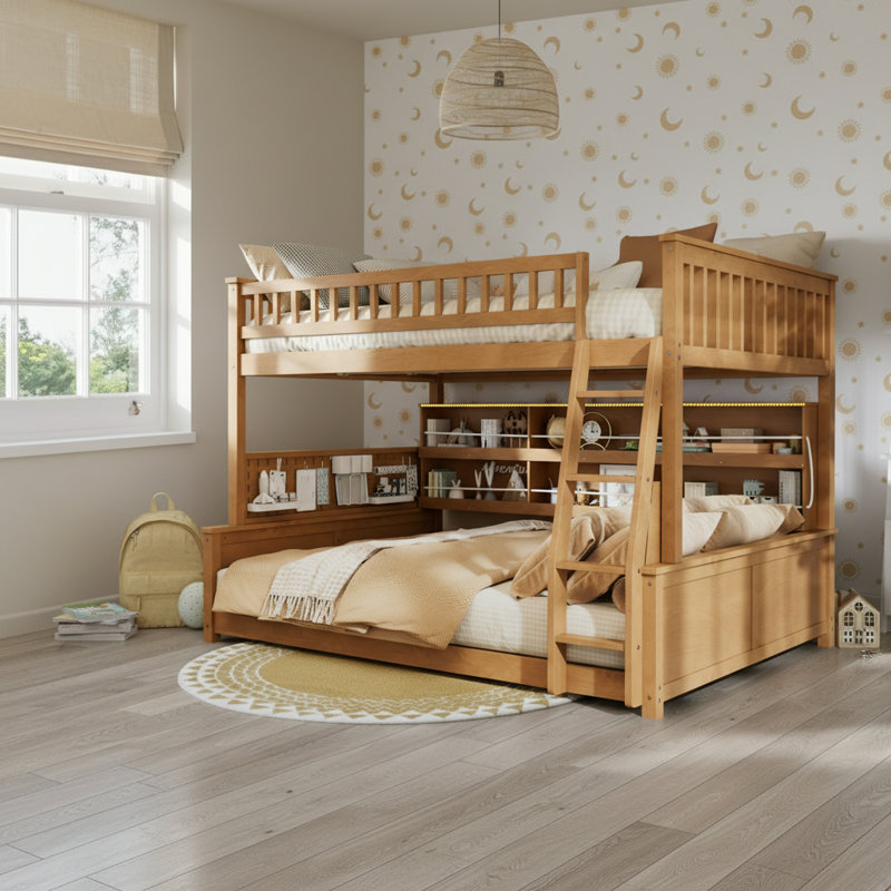 Full Xl Over Queen Bunk Bed With Led Lights & Shelving Storage, Brown, Full XL over Queen