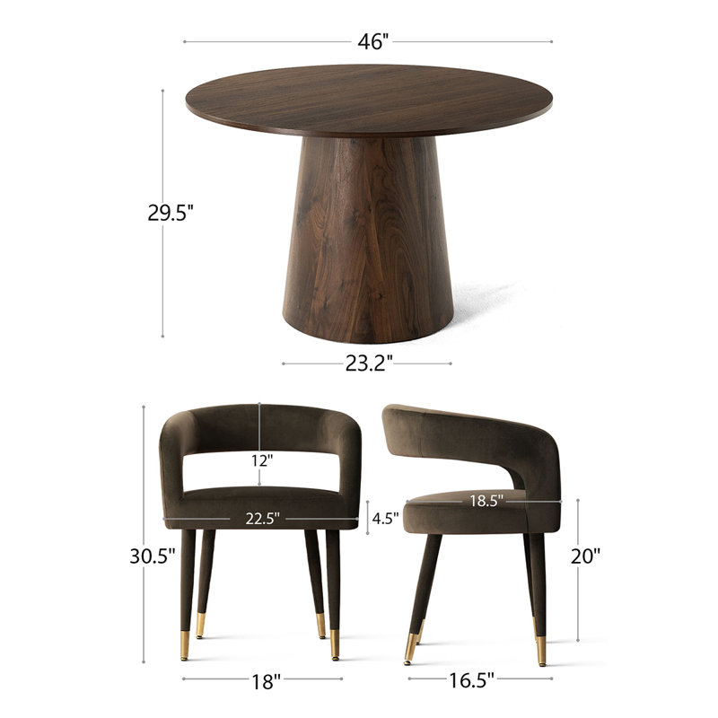Modern 46" Round Dining Set with 4 Chenille Upholstered Barrel Arm Chairs, Walnut, Chocolate Brown