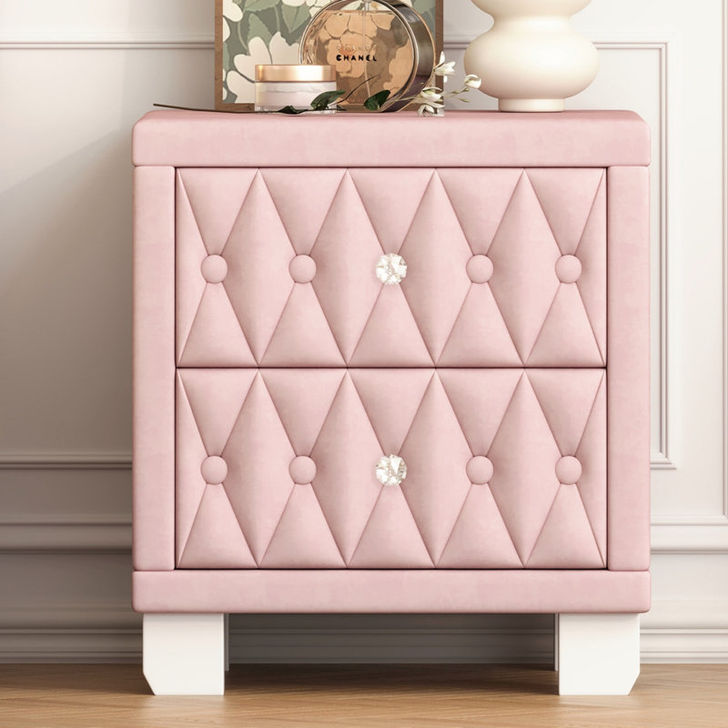 Elegant Velvet Nightstand With 2 Drawers And Crystal Handle, Storage Bedside Table With Button-Tufted Design, Pink