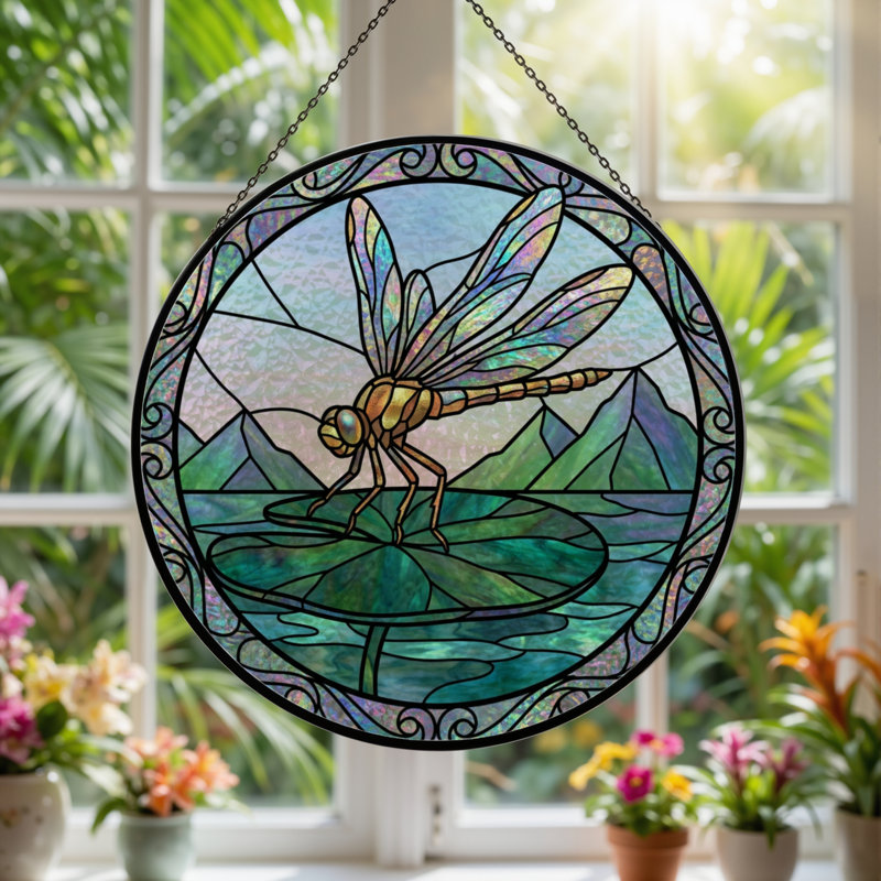 7.8"H Dragonfly Landscape Stained Glass Window Panel, 7.8" H x 7.8" W