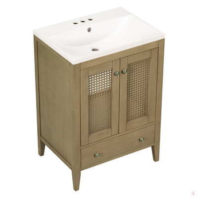 Meuble-lavabo 24 po avec lavabo en céramique, meuble de rangement en rotin avec deux portes et tiroir, structure solide, naturel