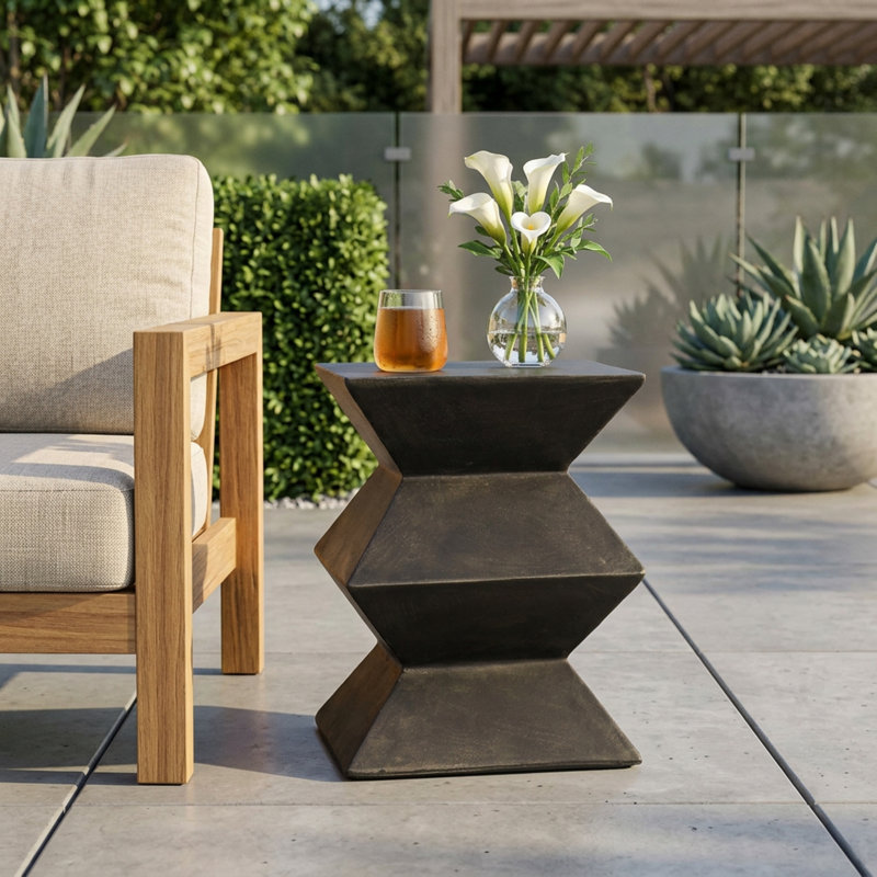 15.5 Inch Outdoor Lightweight Concrete Side Table - Geometric MGO End Table in Copper Finish, Modern Pedestal Design