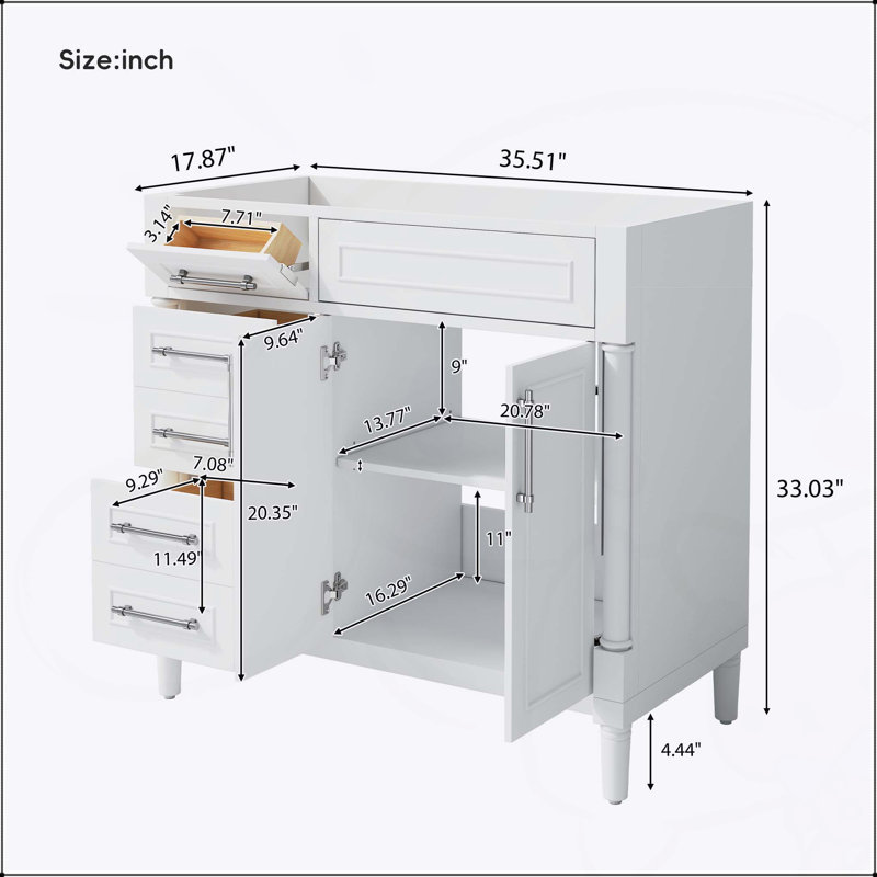 Meuble-lavabo autoportant de 36 po avec 2 tiroirs et un tiroir basculant, structure en bois massif, tablette réglable, panneaux de fibres à densité moyenne de haute qualité