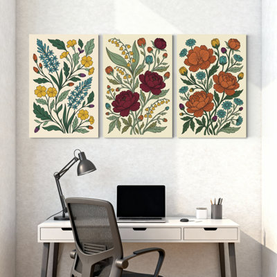 Plantes et fleurs, ensemble de 3 impressions murales sur toile avec couleurs vibrantes et feuilles