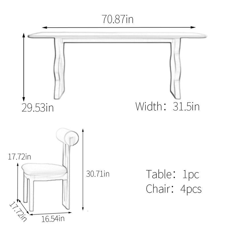 Ensemble de table de salle à manger à pieds ondulés en pierre frittée, H 29,53 po x L 70,87 po x l 31,5 po