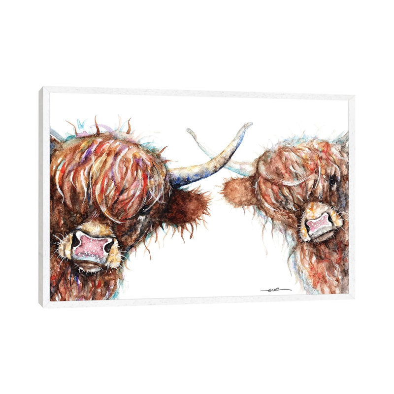 Curious Highland Cows - Painting on Canvas, 45.72cm H x 66.04cm W x 3.81cm D, White Framed