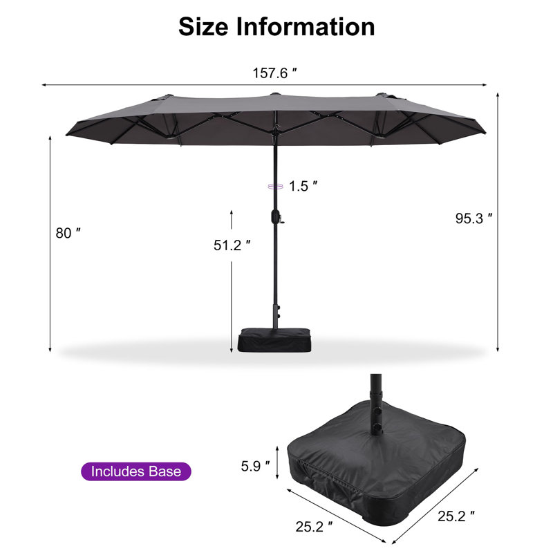 Parasol de table d'extérieur à double face rectangulaire avec manivelle pour terrasse Patio Market Grey, Gris