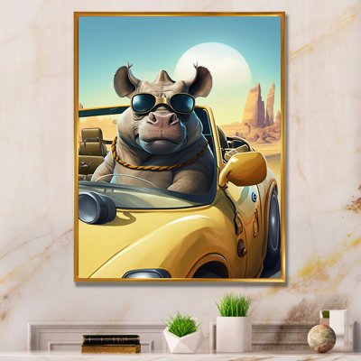 Rhino gris portant des lunettes de soleil dans une voiture de sport - impression sur toile