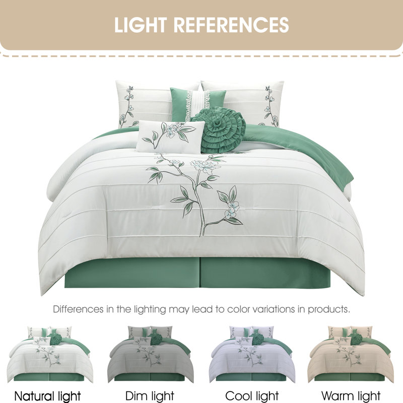 Ensemble d'édredon floral en microfibre 7 pièces Raina, Grand édredon et 6 pièces supplémentaires, Vert/blanc