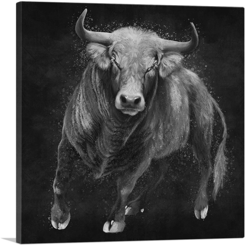 Bull, bovin, bouvillon, animal, noir, blanc, impression sur toile tendue, H 36 po x l 36 po x P 0,75 po