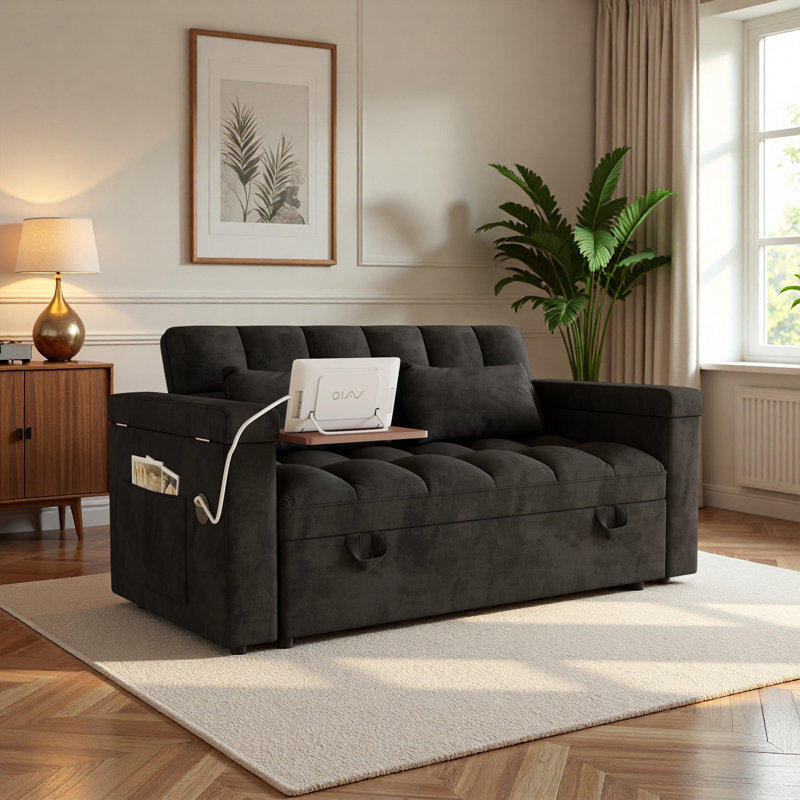 Canapé-lit rembourré en velours de 65 po de largeur avec dossier réglable, tableau d'appoint, ports USB et 2 coussins, Noir