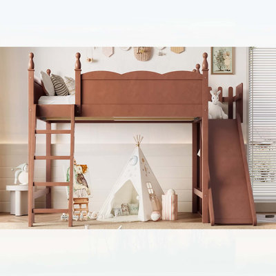 Lit mezzanine double avec tablettes de rangement, garde-robe et glissière amovible, fabrication en bois massif, aucun sommier requis, finition naturelle foncée
