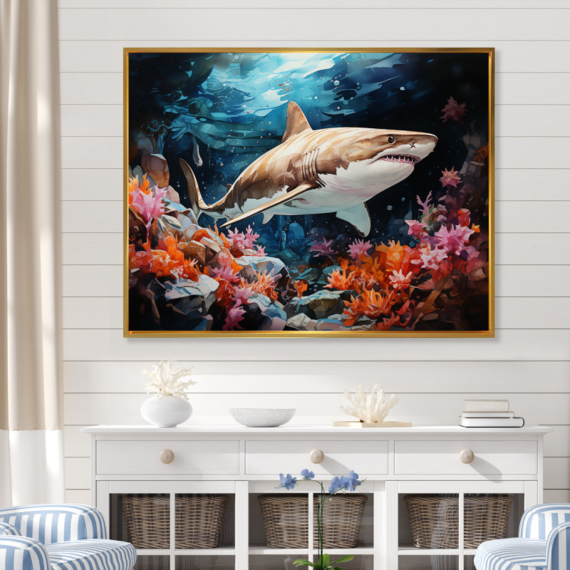 Silent Hunter Sharks Portrait III - plage et océan, art mural sur toile, Cadre flottant doré, H 12 po x l 20 po x P 1 po