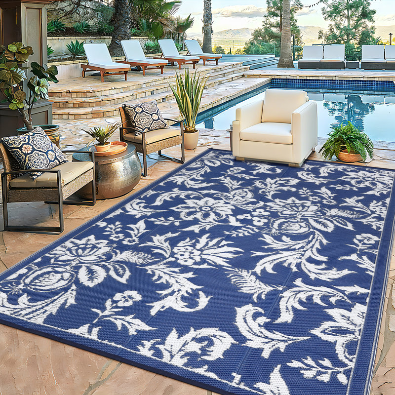 Waterproof Outdoor Rug 8x10 for Patio, Foldable Reversible Modern Area Rug, Large Plastic Straw Mat for Camping, RV, Porch, Backyard, Deck, Picnic, Beach, Blue & White