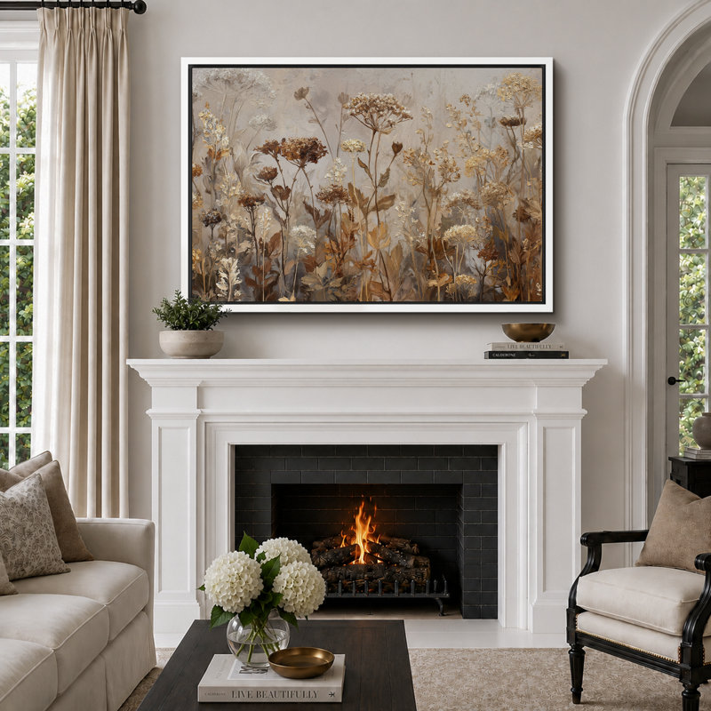 «Neutral Toned Dried Wildflowers Field», reproduction d'art sur toile encadrée, H 24 po x l 36 po x P 1,5 po