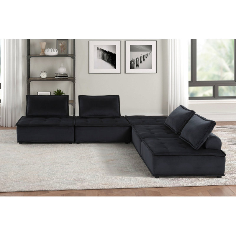 160"W Black Velvet 5 Pc Sectional Sofa Ottoman, 29" H x 160" W x 80" D