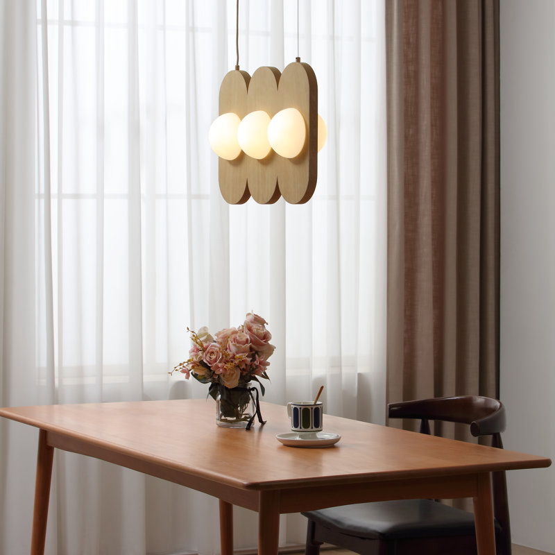 Luminaire suspendu en bois naturel à 5 lumières Vidalite Orbita avec abat-jour en verre givré et DEL intégrée, 6