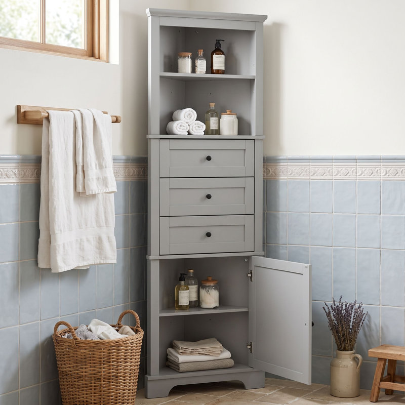Tall Freestanding Bathroom Corner Cabinet with Adjustable Shelves, Doors and Triangle Drawers, Gray