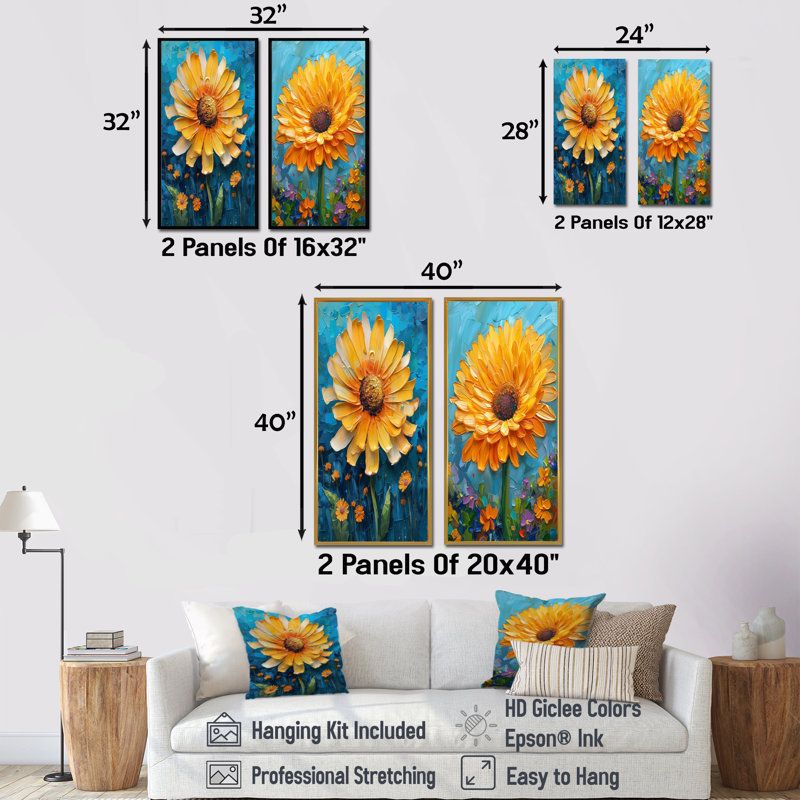 Ensemble de 2 fleurs jaunes et bleues en forme de fleur de pissenlit I - Pissenlit, H 32 po x l 32 po, Impression encadrée