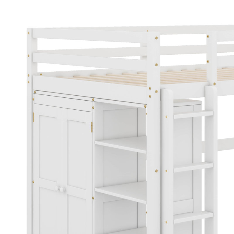 Lit mezzanine en bois pleine grandeur avec garde-robe, tablettes et lumière DEL, Blanc