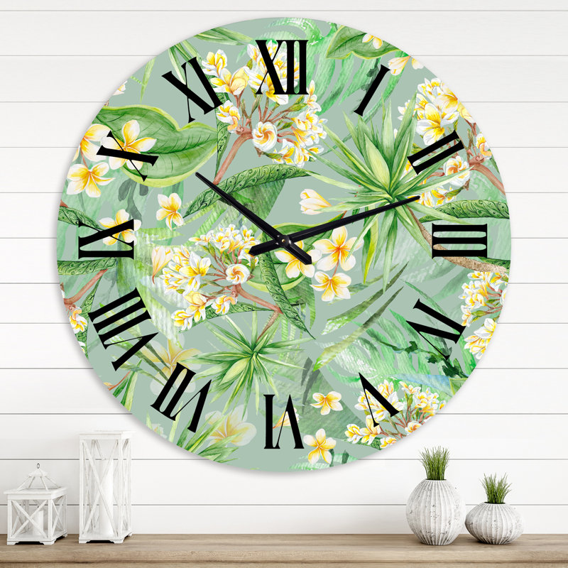 Feuillage tropical et fleurs jaunes - horloge murale moderne, Grand