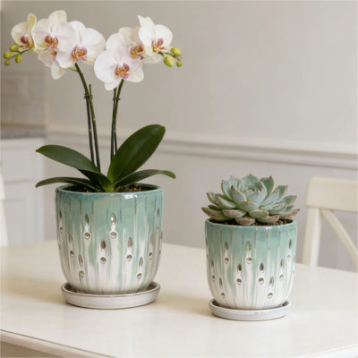 Ensemble de pots à fleurs en céramique faits à la main dégradé vert et blanc (7,48 po x 5,51 po et 8,07 po x 6,1 po)