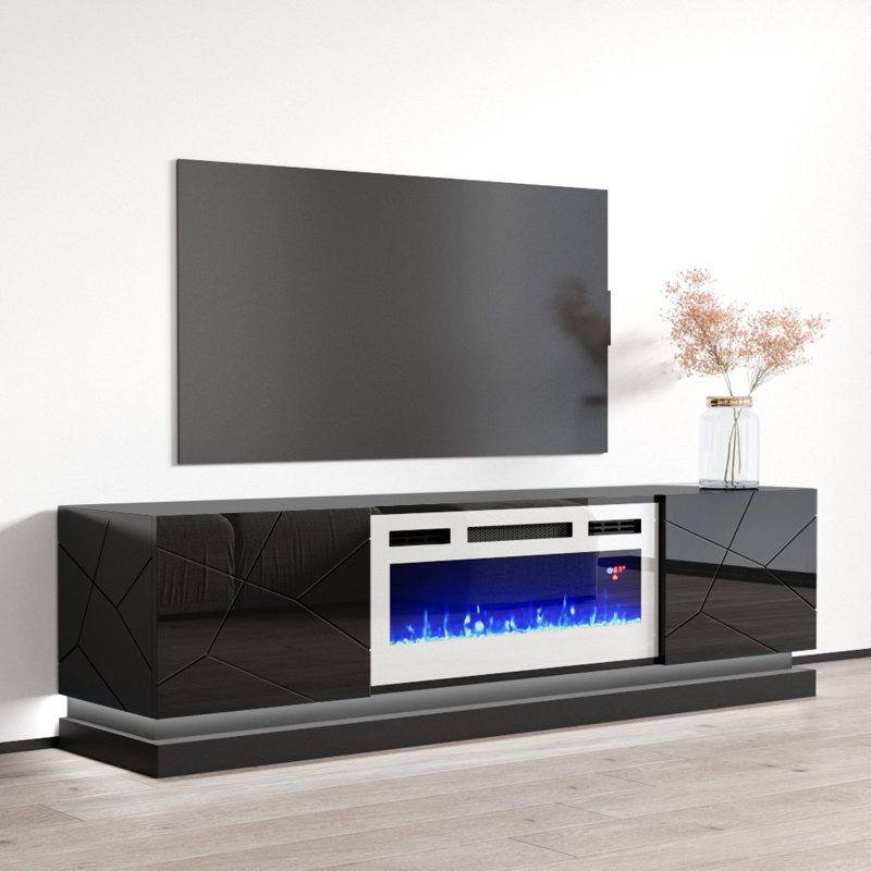 70.9" Modern TV Stand with Electric Fireplace, High Gloss Finish, Media Storage, Black