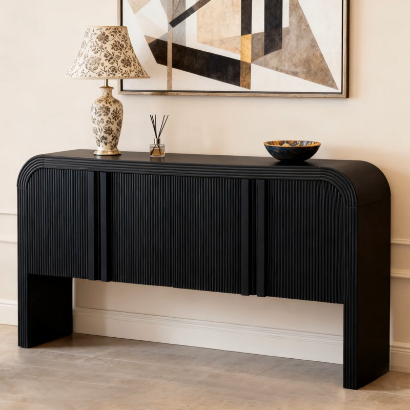 U_STYLE Console de 63 pouces à motif de vagues avec 4 portes et tablette réglable, canapé incurvé derrière le canapé, table d'entrée rustique étroite pour le salon, le vestibule et le couloir