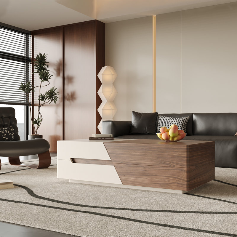 Table basse moderne extensible à 2 tons avec rangement caché, finition noyer et crème