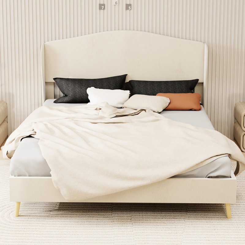 Beige Velvet Upholstered Queen Size Bed Frame, Stable Design, Headboard For A Comfortable Bedroom Ambiance Creation Bed, Design Restful Sleep, Adds Elegant Touch