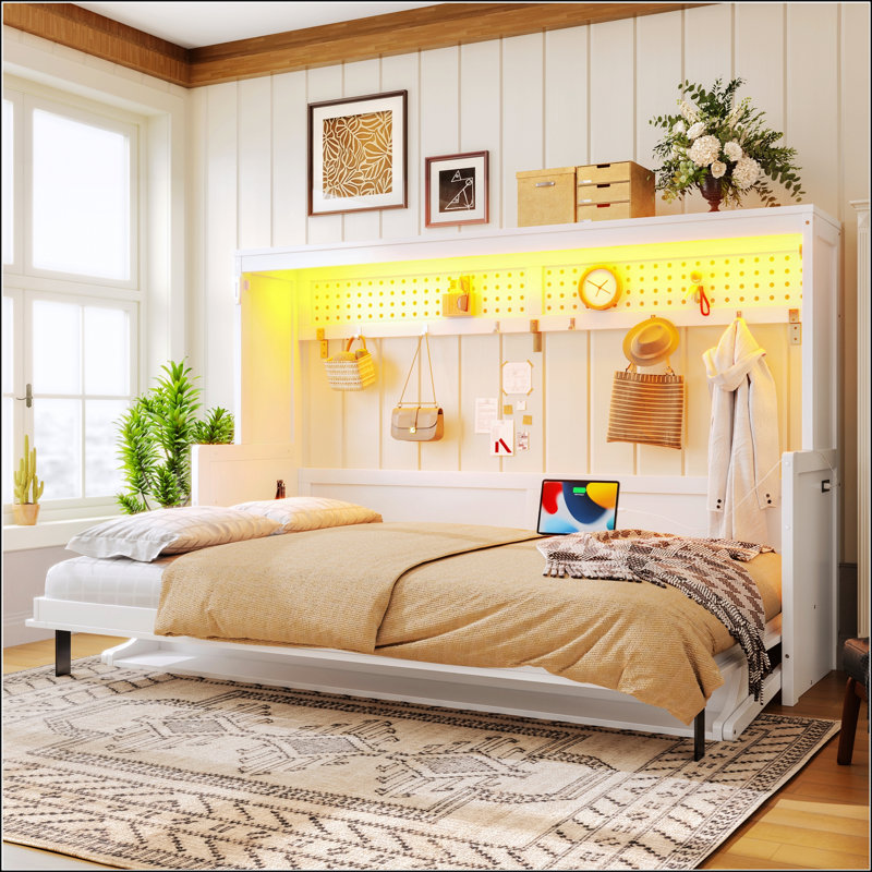 Lit escamotable double avec bureau intégré, charge USB, lumières DEL pour un gain de place moderne, Lit double, Blanc