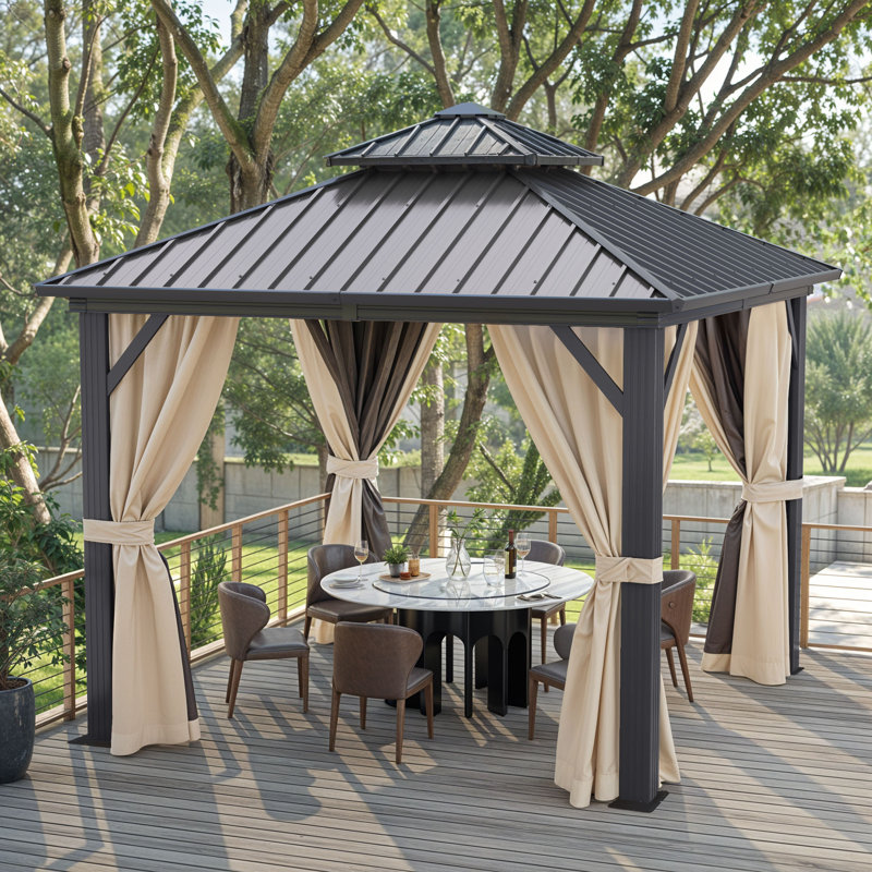 10ft x 10ft Double Roof Design Gazebo, Outdoor Patio Gazebo, Backyard Gazebo, Outdoor Pavilion, with Mesh Netting and Polyester Curtain Suitable for All Seasons