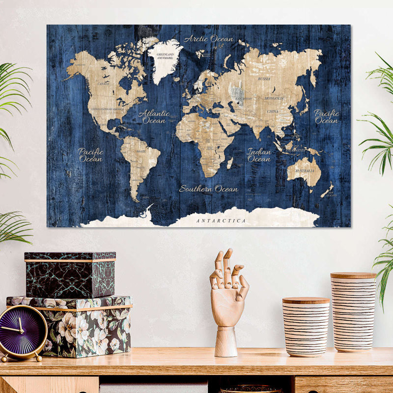 Carte du monde en bois texturé sur toile, H 16 po x l 24 po x P 0,1 po, Toile tendue, No Frame