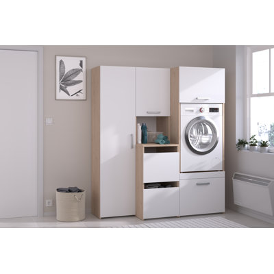 Cabinet for washing machine with cupboards and storage column -White/Oak