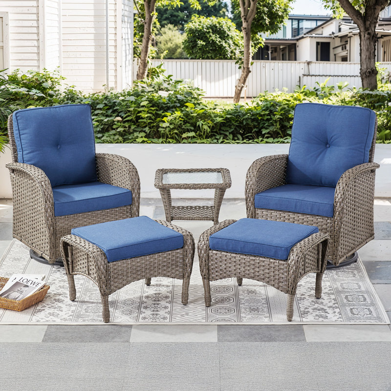 Keywest 2 - Person Outdoor Seating Group PE Wicker Swivel Glider With Ottomans With Cushions With Side Table, Blue