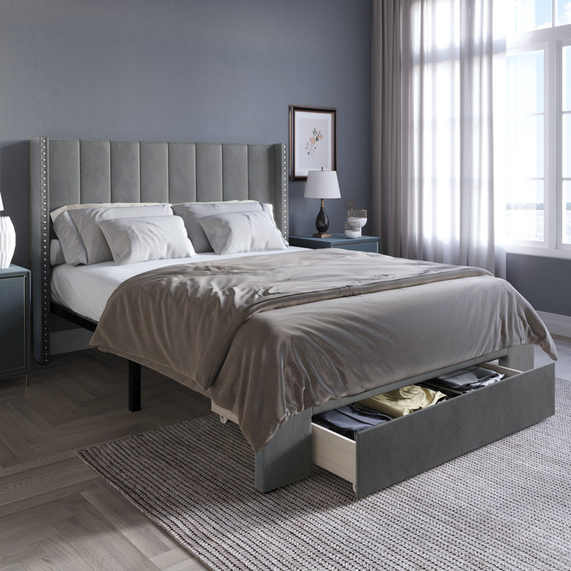 Georgia-Lee Upholstered Wingback Storage Bed, Light Gray, Twin