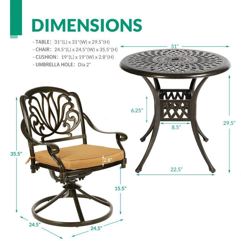 Jayton 2 - Person Patio Dining Set with Round Table , Cushions Included, 29.3" H x 30.8" L x 30.8" W