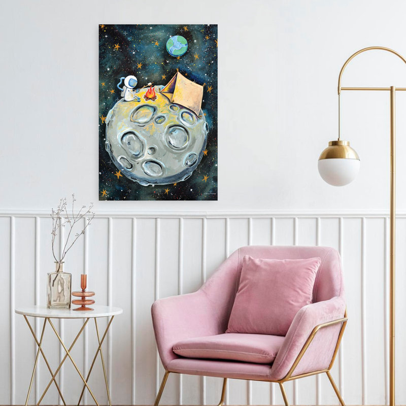 Camping astronaute fantaisiste, art contemporain abstrait, H 24 po x l 16 po
