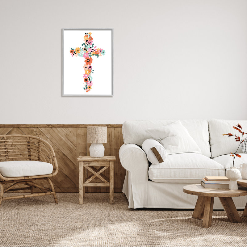 «Bold Flowers Cross Symbole Floral Arrangement», impression sur cadre en bois aggloméré, L 24 po x H 30 po